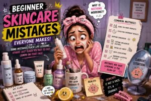 Funny beginner skincare mistakes illustration showing a girl confused with skincare products, over-exfoliation, sunscreen mistakes, and damaged skin barrier.