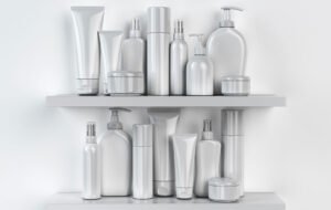 Minimal aesthetic skincare product shelf showing affordable budget-friendly skincare bottles and containers for beginners.