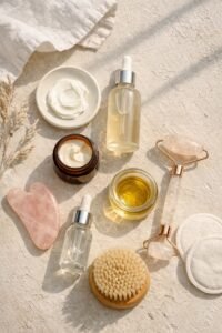 Clean girl skincare aesthetic with beginner skincare essentials including serum, jade roller, moisturizer, and facial tools