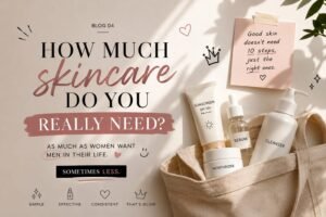 Minimal skincare routine aesthetic featuring cleanser, serum, moisturizer, and sunscreen with funny skincare quote for beginners.