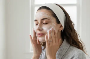 woman washing face for a simple skincare routine and healthy glowing skin