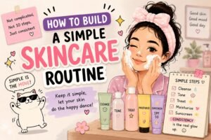 Cute pastel skincare illustration showing a simple beginner skincare routine with cleanser, toner, moisturizer, and sunscreen.