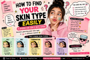 Funny beginner skincare guide explaining how to find your skin type easily for oily, dry, combination, sensitive, and normal skin.