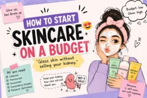 Funny budget skincare guide illustration showing affordable skincare routine products like cleanser, moisturizer, and sunscreen with cute aesthetic doodles