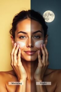 Aesthetic split-face skincare image showing morning skincare vs night skincare routine with sunlight and moonlight theme.