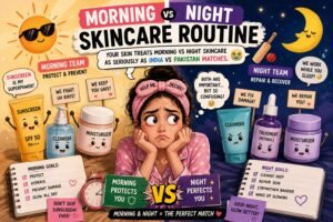 Funny morning vs night skincare routine infographic showing sunscreen, cleanser, moisturizer, and skincare products fighting like an India vs Pakistan match.