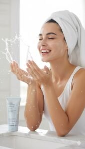 Aesthetic skincare image of a woman washing her face with cleanser for healthy glowing skin and unclogged pores.