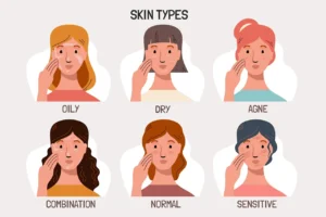 Illustration showing different skin types including oily, dry, acne-prone, combination, sensitive, and normal skin.