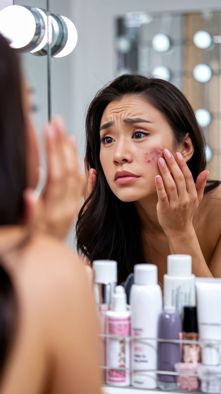 woman looking at acne in mirror confused about skincare routine and skin problems