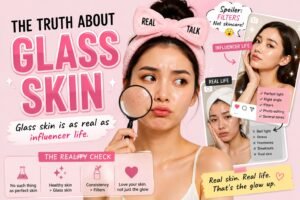 funny glass skin featured image showing influencer filters vs real skin reality