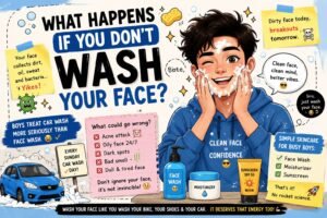 Funny skincare illustration showing a boy washing his face with cleanser while comparing car wash obsession and face wash habits.