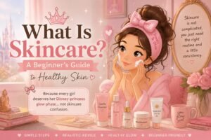 Disney princess inspired beginner skincare routine illustration with cute pink aesthetic and healthy skin guide