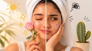 Split skincare image showing glowing rose skin on one side and dry dehydrated cactus skin on the other side.