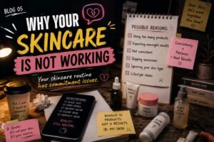 Funny skincare blog thumbnail showing skincare products, failed skincare routine, and reasons why skincare is not working for beginners.